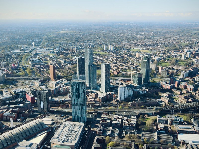 Aerial view of the Greater Manchester skyline.